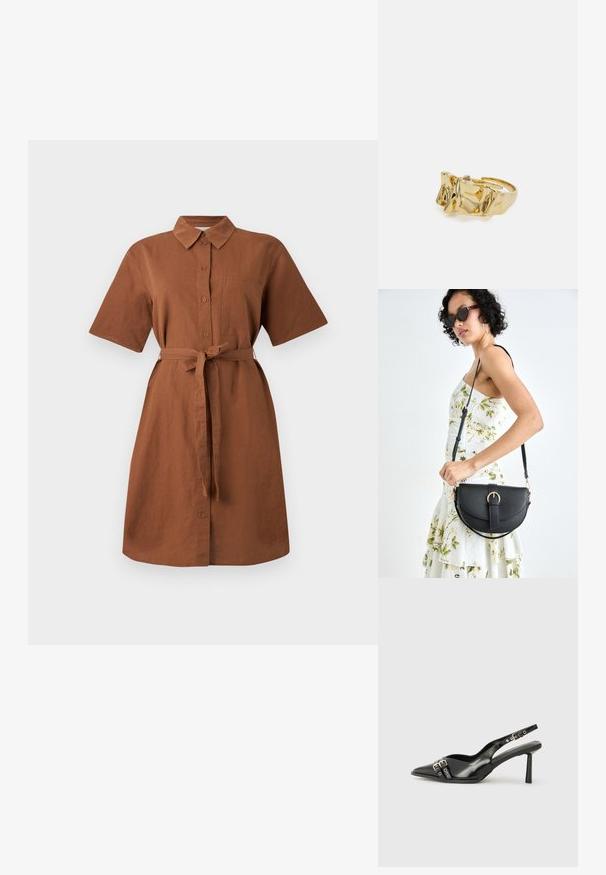 Vestido de camisa de lino marrón con mangas cortas, cierre de botones en el frente, cuello y un cinturón desmontable. Cuenta con un bolsillo en el pecho y una falda hasta la rodilla.; Zapato de charol negro tipo slingback con punta afilada, correas al tobillo con hebillas y herrajes de plata, y un tacón delgado.; Bolso de piel negra con forma curva, correa desmontable y herrajes dorados. El bolso cuenta con una solapa con un detalle de hebilla.; Anillo de oro con diseño texturizado y ondulado que presenta tres picos prominentes. Superficie lisa y brillante con una banda abierta para un ajuste ajustable.