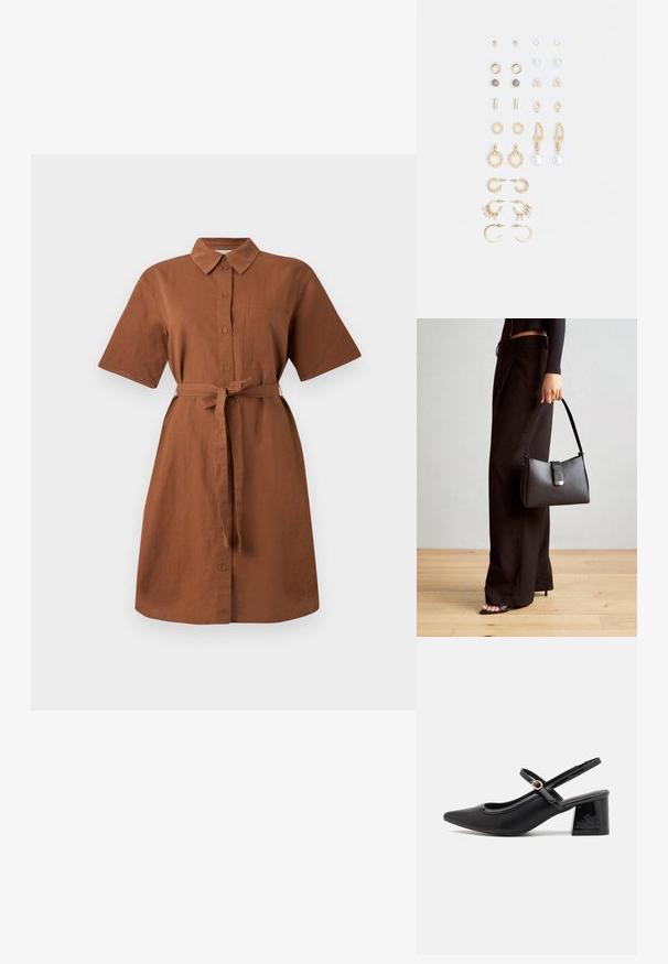 Pruun linane särgimekko lühikeste varrukatega, nööpidega esiküljel, krae ja eraldi eemaldatav vöö. Omab rinna taskut ja põlvekõrgust seelikut.; Mustad läikivad nahast slingback-kõrged kontsad, millel on terav nina, ümar lõikekujundus ja blokknina. Omab kuldset nupu aktsenti.; Must musta kott, millel on struktureeritud kuju, sile tekstuur ja metallist klamber. Kombineeritud laiate mustade pükstega ja avatud varvaste sandaalidega puidust põrandal.; Kullastusust kõrvarõngaste komplekt, mis sisaldab erinevaid disaine, sealhulgas nööpe, rõngaid ja riputatavaid tükke, millel on pärlid ja rhinestones.