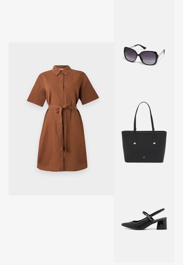 Vestido de camisa de linho castanho com mangas curtas, fecho frontal com botões, gola e um cinto destacável. Apresenta um bolso no peito e uma saia até ao joelho.; Sabrinas de cerâmica preta com salto bloco, bico apontado e um design com recortes arredondados. Apresenta um detalhe em fivela de tom dourado.; Óculos de sol oversized pretos com lentes degradê, armações grossas e detalhes em corrente dourada nas hastes.; Saco tote preto feito de material sintético, apresentando um design retangular simples, com detalhes quadrados dourados e duas alças.