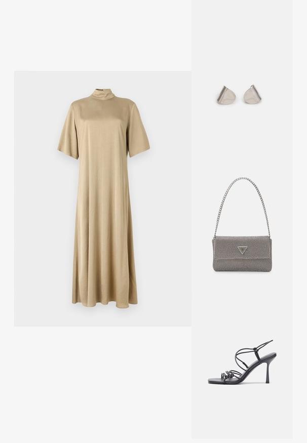 Béžové šaty po kolena s vysokým krkem a krátkými rukávy. Vyrobené z hladkého materiálu, mají volný střih a jednoduchý design.; Černé high-heeled sandály mají tenké pásky s uzlovým designem, hladký čtvercový špičku a elegantní jehlový podpatek.; Světle šedá kovová kabelka s řetízkem, zdobená malými kulatými kovovými cvočky a trojúhelníkovým logem značky.; Stříbrné kovové náušnice s hladkým tvarem slzy a lesklým povrchem. Jemné rytiny přidávají detail. Minimalistický design.