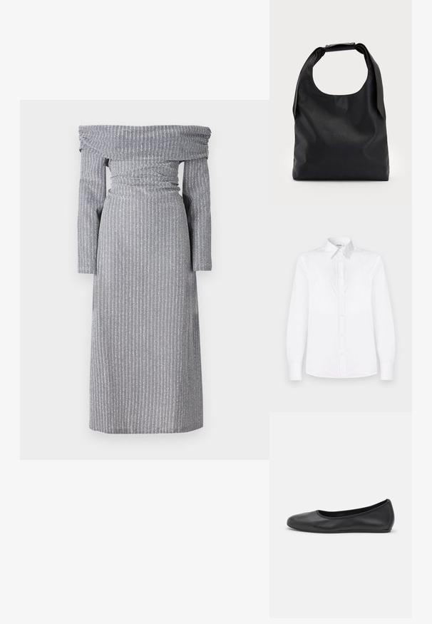 Šaty bez ramienok v svetlo sivej farbe s jemnými vertikálnymi pruhmi, priliehavý pás, dlhé rukávy a splývavý strih. Mäkka textúra látky.; Biela košeľa s dlhými rukávmi vyrobená z hladkej látky, s golierom a predným zapínaním na svetloružové gombíky.; Čierne kožené baleríny s okrúhlou špičkou, hladkým povrchom, minimálnym prešívaním a flexibilným dizajnom podrážky.; Čierna kožená hobo taška s jedným mäkkým, zaobleným uchom; má hladkú textúru a minimalistický dizajn. Žiadne viditeľné kovanie ani akcenty.