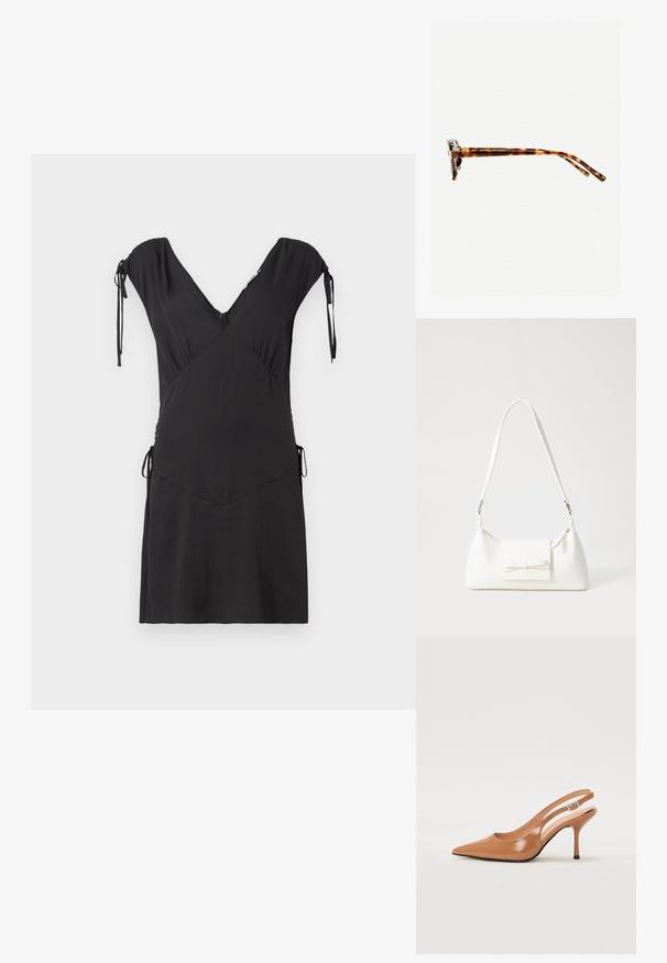 Črna obleka s kratkimi rokavi, V-izrezom, zoženimi stranmi in zavezujočimi detajli. Narejena je iz gladkega materiala z ravnim robom.; Slinčaste pete z ostro konico v gladkem, sijočem bež materialu. Imajo ukrivljen rez in vitko stiletto peto. Podrobnost s srebrno zaponko.; Sončna očala iz želvosliva z debelimi okvirji, rahlo ukrivljenimi nogicami in gladko teksturo. Imajo klasičen dizajn z sijočim finišom.; Bela sintetična torbica v obliki trikotnika, z ravnim sprednjim poklopcem in detajlom mašne, nastavljivim trakom, gladko teksturo in minimalističnim dizajnom.