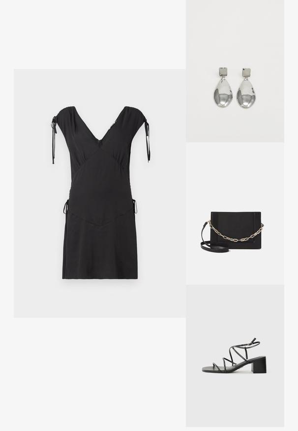 Rochie neagră cu mâneci scurte, decolteu în V, laterale strânse și detalii cu fundiță. Confecționată dintr-un material neted cu o margine dreaptă.; Sandale negre cu bretele cu vârf pătrat și toc gros, realizate dintr-un material neted. Dispun de curele reglabile la gleznă și hardware minim.; Geantă de umăr din piele neagră, cu o textură netedă, formă rectangulară și un detaliu din lanț metalic în față. Include curea reglabilă.; Cercei din argint cu stud pătrat, având un finisaj neted și lustruit, într-o formă de lacrimă, care reflectă lumina cu o suprafață lucioasă.