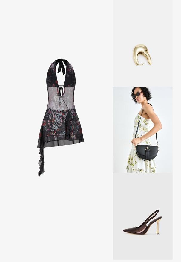 Ed Hardy WOMENS SKULL AND FLOWERS HALTER NECK MINI - Jurk - black; Bruine gepatineerde leren slingback hoge hak schoen met een spitse neus en een glanzende gouden metallic hak tegen een witte achtergrond.; Zwarte leren handtas met een gebogen vorm, afneembare schouderband en gouden hardware. De tas heeft een klep met een gespsluiting.; Gouden metalen oorbel met een slank, gebogen ontwerp. Beschikt over een kenmerkende puntige vorm, gepolijste oppervlakte en scharnier sluiting.