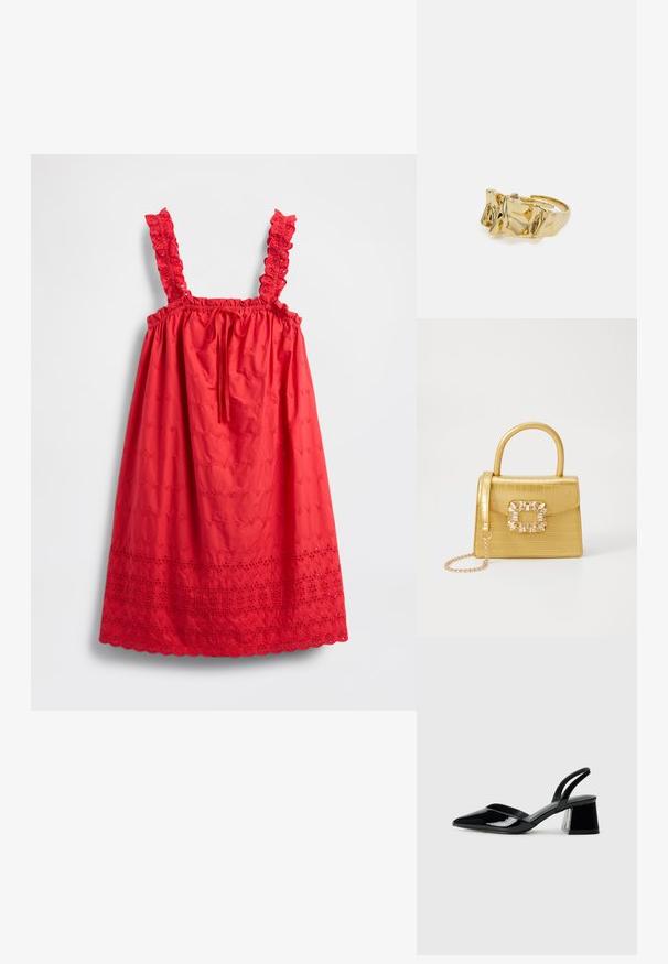 Rotes ärmelloses Kleid mit gekräuselten Trägern, elastischer Taille und besticktem Blumenmuster, mit einem wellenförmigen Saum.; Schwarze Lackleder-Slingback-High Heels mit spitzem Schuh und einem geometrischen Blockabsatz. Verfügt über ein schlankes, minimalistisches Design und eine glatte Textur.; Gelbe Kunstleder-Handtasche im Krokodil-Look mit strukturiertem Design, Obergriff, abnehmbarem Kettenriemen und dekorativer Kristallverzierung am Verschluss.; Goldring mit strukturiertem, wellenförmigem Design, das drei markante Spitzen aufweist. Glatte, glänzende Oberfläche mit einem offenen Band für einen verstellbaren Sitz.