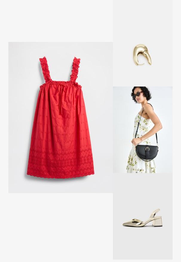 Raudona suknelė be rankovių, su raukinukais ant petnešėlių, elastingu juosmeniu ir siuvinėta gėlių raštu, su banguota apačia.; Auksiniai, metaliniai slingback aukštakulniai bateliai su smailiu pirštu ir masyviu kulnu. Lygus paviršius, minimalizmo dizainas ir siaura juostelė.; Juodas odinis krepšys su išlenkta forma, nuimamu dirželiu ir auksiniais detalėmis. Krepšys turi kilpą su sagtimi.; Aukso tono metalinės auskarai su stilingu, kreiviu dizainu. Išsiskiria ryškiu smailiu pavidalu, poliruota paviršiumi ir užsegimu su vyriu.