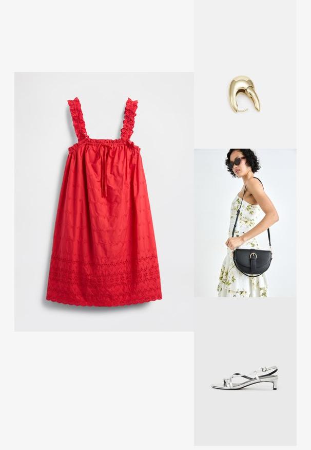 Röd ärmlös klänning med volangband, elastisk midja och broderat blommönster, med en vågig fåll.; Silverfärgad metallisk slingback-sandal med låg klack, som har korsade remmar och en slät yta. Minimalistisk design.; Svart läderhandväska med en böjd form, avtagbar rem och guldiga detaljer. Väskan har ett lock med en spänndetalj.; Örhänge i guldtonad metall med en elegant, böjd design. Har en distinkt spetsig form, polerad yta och gångjärnslås.