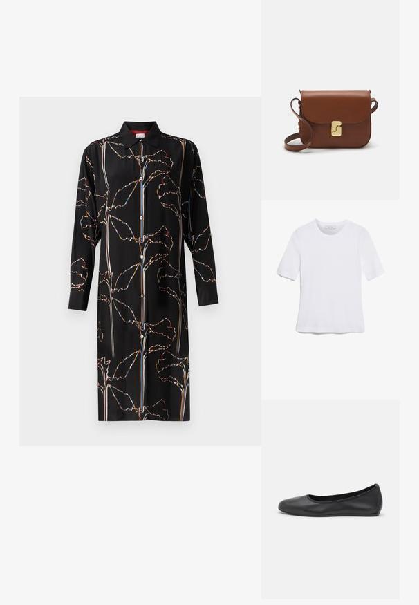 Fekete ingruha sima anyagból, színes virágmintával, gombos elülső résszel és hosszú ujjakkal, gallérral.; Fehér, rövid ujjú póló ribbed anyagból. Kerek nyakkivágás, normál szabás és diszkrét varrási részletek. Nincsenek minták vagy grafikák.; Fekete bőr balettcipő lekerekített orral, sima tekstúrával, minimális varrással és rugalmas talp kialakítással.; Barna bőr kézitáska, hajtókás zárással, arany színű fém kiegészítőkkel, vállpánttal és sima felülettel. Kompakt téglalap alakú.