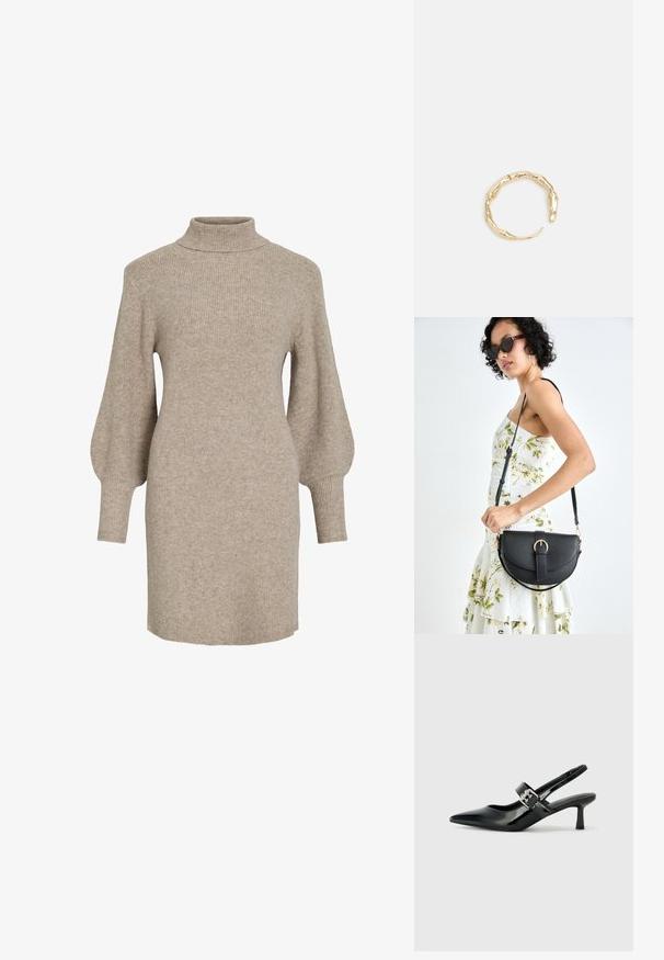 Vestito maglione beige a coste con collo alto e maniche a palloncino, caratterizzato da una texture morbida e una lunghezza fino a metà coscia.; Décolleté neri in vernice con punta affilata e tacco a blocco piccolo, dotati di un accentuato con fibbia argentata sulla cinturino.; Borsa a tracolla nera in pelle con una forma curva, manico rimovibile e accessori dorati. La borsa presenta una patta con un dettaglio a fibbia.; Anello in tono oro con un design organico e Twisted, caratterizzato da una superficie liscia e punte affusolate, che crea un aspetto moderno e scultoreo.