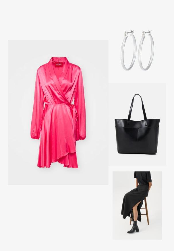 Roza saten haljina na zavoj sa dugim rukavima, V-izrezom i vezanom mašnom. Ima lepršavu suknju s asimetričnim rubom. Glatka tekstura.; Crna lanena maksi suknja s visokom prorezom, nosi se s crnom majicom i crnim gležnjačama. Minimalistički dizajn s opuštenim krojem.; Crna kožna torba s dugim ručkama, glatkom teksturom i strukturiranim oblikom. Ima prednju džep za dodatno pohranu.; Srebrne kružne naušnice s glatkom, poliranom površinom. Okrugli oblik i sigurno kopčanje na klik. Lagani dizajn pogodan za svakodnevno nošenje.