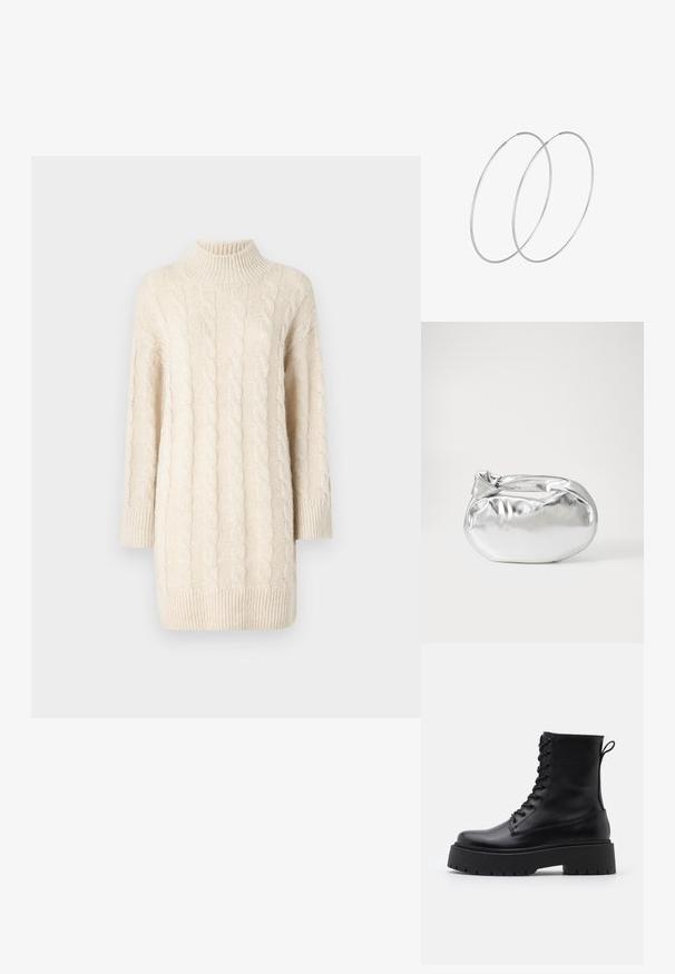 Kremo spalvos megztinis su kabeliniu raštu, aukštu apykakle, trijų ketvirčių rankovėmis ir ribotu apačiu. Yra tekstūruoti raštai ir laisvas kirpimas.; Juodos odinės aulinukės su apvalia nosimi, raišteliais priekyje ir storesniu guminio pado apačioje su tekstūruotu raštu. Priekyje yra kilputė.; Sidabrinė metalinė maišelio forma su švelnia, apvalia forma ir mazgu užveriamu viršumi. Pagaminta iš lygios dirbtinės odos medžiagos.; Sidabrinės pusmėnulio auskarai minimalistiniu dizainu. Apskritimo forma, lygus paviršius ir plonas profilis. Lengvi su poliruotu apdailu.