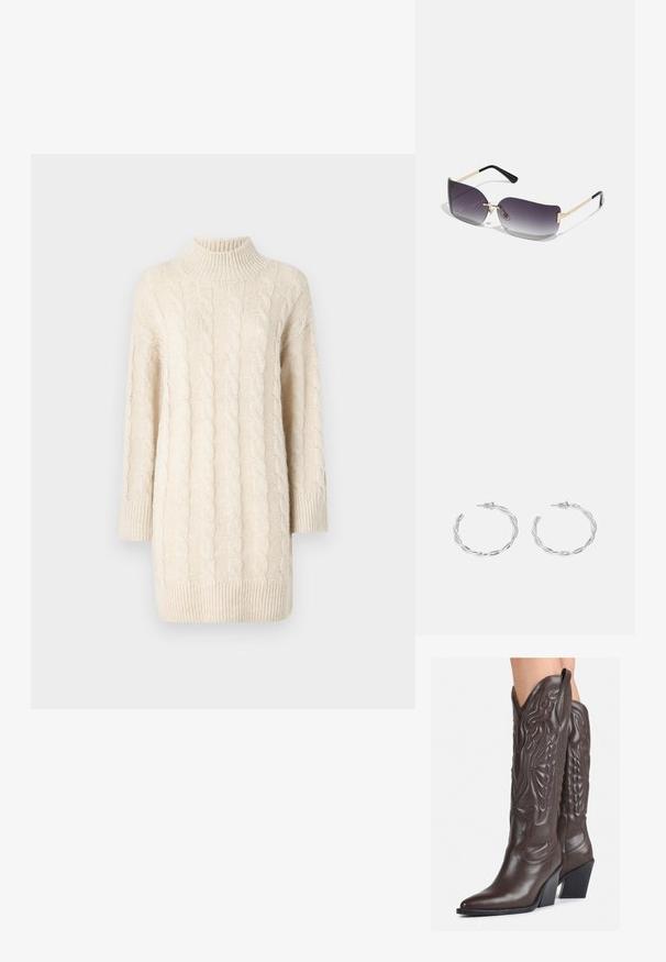 Kremfarget kabelstrikkegenser med høy krage, trekvartlange ermer og ribbestrikket kant. Har teksturerte mønstre og en løs passform.; Brune skinncowboystøvler med spiss tå og blokkhelt, med detaljerte sømmer og hevede detaljer på skaftet.; Solbriller med grå gradientlinser, gullmetallramme og svarte plasthøyder. Unike sommerfuglformede linser med tynne armer.; Sølv hoops øredobber med en tvistet design, som har en polert finish og bakstøtte. Mål omtrent 3 cm i diameter.