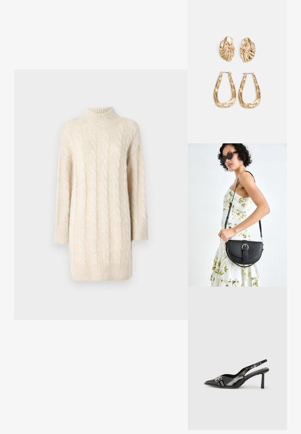 Pulover crem din tricot cu model tip cablu, cu guler înalt, mâneci trei sferturi și tiv zimțat. Prezentă modele texturate și o croială lejeră.; Pantofii slingback din piele lăcuită neagră, cu vârf ascuțit, bretele pentru gleznă cu catarame și accesorii din argint, și un toc subțire.; Geantă din piele neagră, cu o formă curbată, curea detașabilă și accesorii aurii. Geanta are un capac cu un detaliu tip cataramă.; Cercei aurii cu forme texturate și ondulate. Include studs sculpturale cu clip și un design de cerc deschis cu un finisaj cioplit.