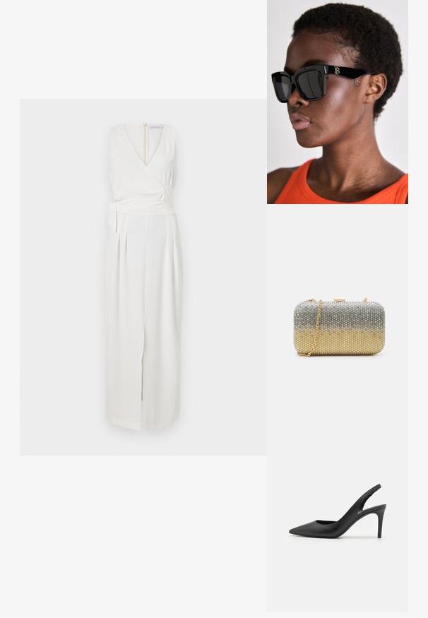 Rochie albă fără mâneci cu un design tip wrap, având un decolteu în formă de V, detaliu cu fundă pe lateral și o deschidere frontală. Confecționată dintr-un material neted, cu plii.; Saboți negre din piele, cu toc înalt și vârf ascuțit, având o decupare în partea din față și un toc subțire de tip stiletto.; Ochelari de soare pătrați negri cu lentile întunecate, cu rame groase și detalii cu logo auriu pe braț. Purtați de o persoană în bluză portocalie.; Mascara Geantă plic - gold-coloured/silver-coloured