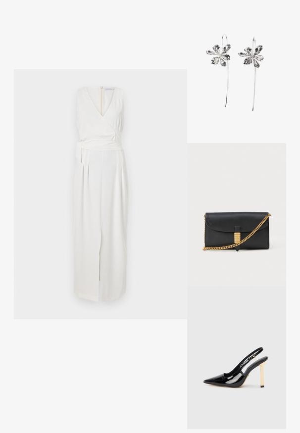 Hvit ermeløs kjole med omslagdesign, med v-hals, sidesløyfe og splitt foran. Laget av et glatt stoff med folder.; Sorte patentlær slingback høyhælte sko med spiss tå og gullfarget firkantet hælaccent. Har justerbar ankelrem.; Svart skinnkoffert med brett-flap, gullkjedehank og dekorativt gullakcent med hevede bokstaver, glatt tekstur.; Sølvblomstformede ørevipper med en teksturfinish, der har lange kroker og kronbladlignende detaljer for et intrikat design.