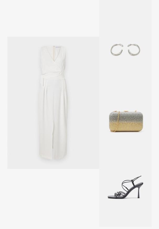 Bijela bezrukavna haljina s omotanim dizajnom, koja ima V-izrez, bočnu mašnu i prednji prorez. Izrađena je od glatkog materijala s nabranim detaljima.; Crne sandale na visokoj potpetici imaju tanke trake s čvorastim dizajnom, glatki kvadratni vrh i elegantnu stiletto petu.; Mascara Ručna torbica - gold-coloured/silver-coloured; Srebrne okrugle naušnice s glatkim, zaobljenim dizajnom i sjajnom, poliranom završnom obradom. Imaju minimalistički oblik s blagim otvorom.