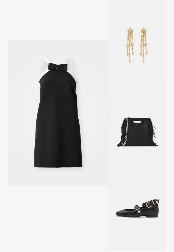 Juoda halterinio stiliaus suknelė su baltais diržais ir lankeliu prie kaklo. Lygi tekstūra, iki kelių siekianti forma. Paprasta ir elegantiška silueto linija.; Juodas lakinės odos plokščias batelis su kvadratiniu pirštu, kulkšnies dirželiu su sidabro detalėmis ir plokščiu padu. Sklandus paviršius su minimalistišku dizainu.; Juodas odinis rankų darbo rankinys su frinzuotomis detalėmis, auksine grandinės petneša ir išpjauto dizaino rankena. Pirmoje pusėje yra logotipo vieta.; Aukso spalvos auskarai su keliais kaskadiniais grandinėlėmis, su skaidriais ovaliais kristalų akcentais ir dekoratyviniais auskarų priekiais.