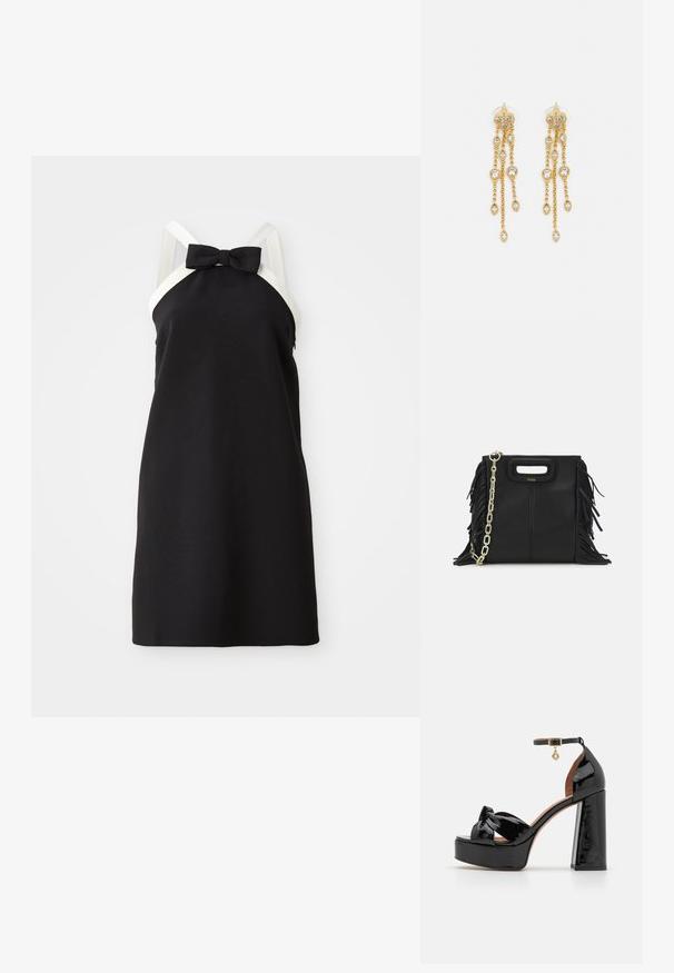 Mustat halterneck-mekot, joissa on valkoiset hihnat ja nauhakoriste pääntie. Sileä rakenne, polvimittainen malli. Yksinkertainen ja elegantti siluetti.; Maje Korolliset sandaalit - noir; Musta nahkakäekott, millel on frantsiisidetailid, kuldne õlgade rihm ja lõikega käepide. Ees on logo paigutus.; Kultaketjua roikkuvat korvakorut, joissa on useita putoavia ketjuja, ja selkeitä ovaaleja rhinestone-akselteja sekä koristeelliset niittitoppaukset.