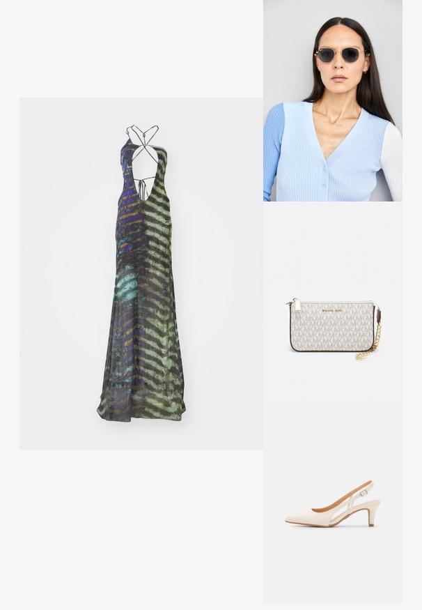 Długa, bezrękawna sukienka wykonana z lekkiego materiału, zdobiona wielokolorowym abstrakcyjnym wzorem w odcieniach zieleni, niebieskiego i czerni, z głębokim dekoltem.; Biała szpilka slingback z ostrym noskiem, gładkim materiałem wierzchnim, niskim obcasem blokowym oraz wycięciami po bokach i regulowanym paskiem z klamrą.; Okrągłe okulary przeciwsłoneczne z ciemnymi soczewkami i złotymi ramkami. Modelka nosi jasnoniebieski kardigan w prążki z guzikami i białymi rękawami w kontrastowym kolorze.; Portfel na nadgarstek marki Michael Kors w beżowej, pokrytej płótnem, z powtarzającym się wzorem logo MK, złotym okuciem i odpinanym łańcuszkowym paskiem.