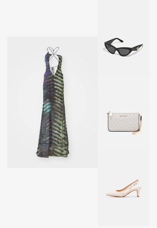 Garšs, bez piedurknēm ražots kleita no viegla auduma, kas rotāta ar daudzkrāsainu abstraktu rakstu zaļā, zilā un melnā krāsā ar dziļu dekoltē.; Baltas siksniņveida papēdis ar smailu purngalu, gludu augšējo materiālu, zemu blokpapēdi un sānu izgriezumu dizainu ar regulējamu sprādzi.; Kaķa acu saulesbrilles ar matētu melnu plastmasas rāmjiem, tumšiem stikliem un zelta logotipa akcentu uz tempļa. Stūrainā forma un gluda tekstūra.; Michaela Korsa rokassomi bez̦ā īšojuma, kas izgatavota no apklāta kanvas, iekļaujot atkārtotu MK logotipa rakstu, zelta aparatūru un noņemamu ķēdes siksnu.