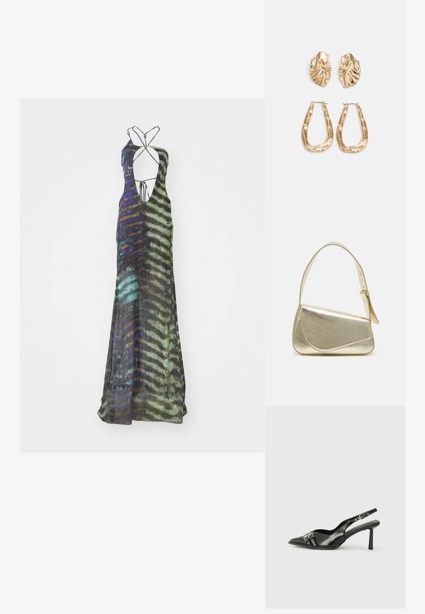 Dlhé šaty bez rukávov vyrobené z ľahkej tkaniny, s viacfarebným abstraktným vzorom v zelenej, modrej a čiernej farbe a hlbokým výstrihom.; Čierne lakované kožené slingback topánky s špicatou špičkou, remienkami okolo členku s striebornými prackami a hardvérom, a štíhlým podpätkom.; Zlatá metalická kabelka so štruktúrovaným dizajnom, hladkou textúrou a nastaviteľným popruhom. Obsahuje jedinečný trojuholníkový tvar a minimalistické šitie.; Náušnice v zlatej farbe s textúrovanými, vlnitými tvarmi. Obsahujú sochárske klipsové náušnice a otvorený tvar krúžku s kladivkovým povrchom.