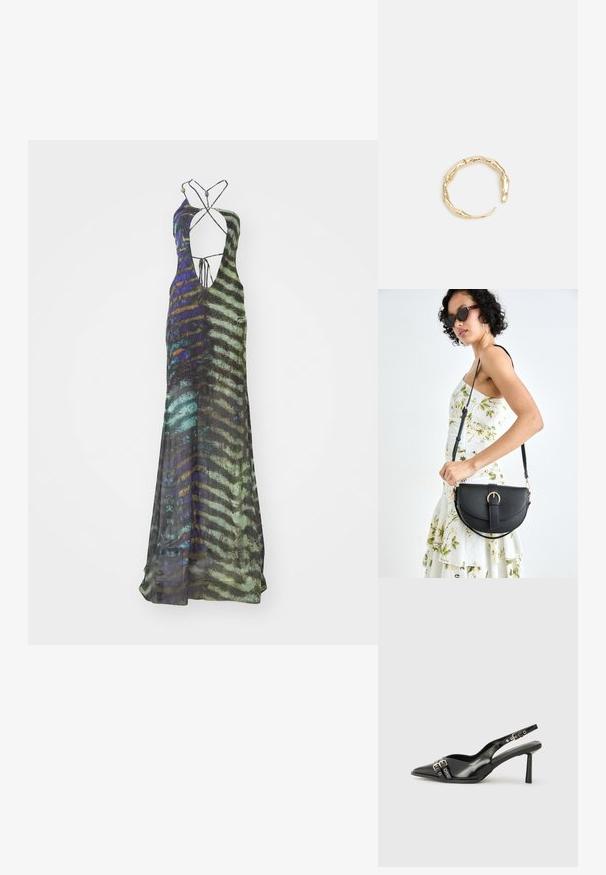 Dlhé šaty bez rukávov vyrobené z ľahkej tkaniny, s viacfarebným abstraktným vzorom v zelenej, modrej a čiernej farbe a hlbokým výstrihom.; Čierne lakované kožené slingback topánky s špicatou špičkou, remienkami okolo členku s striebornými prackami a hardvérom, a štíhlým podpätkom.; Čierna kožená kabelka s zaobleným tvarom, odnímateľným popruhom a zlatými doplnkami. Kabelka má klopu s detailom s prackou.; Prsteň v zlatej farbe s organickým, skrúteným dizajnom, hladkým povrchom a zužujúcimi sa koncami, vytvárajúci moderný, sochársky vzhľad.