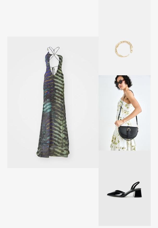 Pikk, ilma varrukateloos kleit, mis on valmistatud kergest kangast ja millel on mitmevärviline abstraktne muster rohelise, sinise ja musta tooniga ning sügava dekolteega.; Mustad musta lakknahk kingad, millel on terav varvas ja geomeetriline plokkkonts. Omab elegantselt minimalistlikku disaini ja sujuvat tekstuuri.; Mustmust mustraha kõverate joontega, eemaldatava rihmaga ja kuldsete detailidega. Kotil on klapp, millel on pandladetail.; Kuldtoonis sõrmus, millel on orgaaniline, keerdunud disain sileda tekstuuri ja kitsenevate otstega, luues kaasaegse skulptuurilise välimuse.