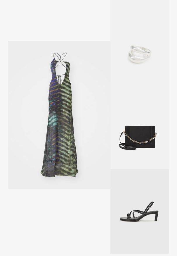 Pikk, ilma varrukateloos kleit, mis on valmistatud kergest kangast ja millel on mitmevärviline abstraktne muster rohelise, sinise ja musta tooniga ning sügava dekolteega.; Mustast rihmajalatsid ruudukujulise varba ja madala ploki kontsaga. Omab mitmeid õhukesi rihmasid ja reguleeritavat pahkluu rihma. Valmistatud siledast nahast.; Mustast nahast õlakott, mis omab siledat tekstuuri, ristküliku kuju ning esiküljel metallketi detaili. Reguleeritav rihm on kaasas.; Hõbedane kahekordne rõngas sujuva, poleeritud pinnaga. Omab voolavat, kõverat disaini, millel on kattuvad sektsioonid, et saavutada kaasaegne ilme.