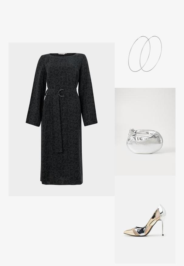 Črna obleka z dolgimi rokavi, ki ima cvetlični vzorec v svetlejši odtenek, s povezanjem v pasu in kvadratnim izrezom. Narejena iz lahkotnega blaga.; Čevlji z visoko peto in konico, v barvni kombinaciji srebrne, zlate in nude. Sijajna obdelava z izrezljanim dizajnom, z igličasto peto.; Srebrna kovinska torbica z mehko, zaobljeno obliko in zavezano zgornjo zaporo. Narejena iz gladkega umetnega usnja.; Srebrne uhane v obliki obroča z minimalističnim dizajnom. Krožna oblika, gladka tekstura in tanek profil. Lahki s poliranim zaključkom.
