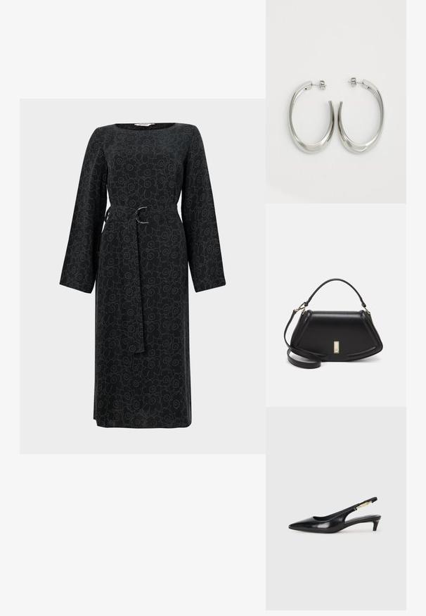 Black long-sleeve dress featuring a floral pattern in a lighter shade, with a tied waist and a square neckline. Made of lightweight fabric.; Black leather slingback heels with a pointed toe, featuring a slim heel and a gold-tone accent on the adjustable strap. Smooth texture.; Black leather handbag with a structured design, featuring a cropped shape, top handle, and gold hardware accent. Adjustable shoulder strap included.; Silver hoop earrings with a smooth, curved design. Features a shiny metallic finish and stud closure. No visible patterns or accents.