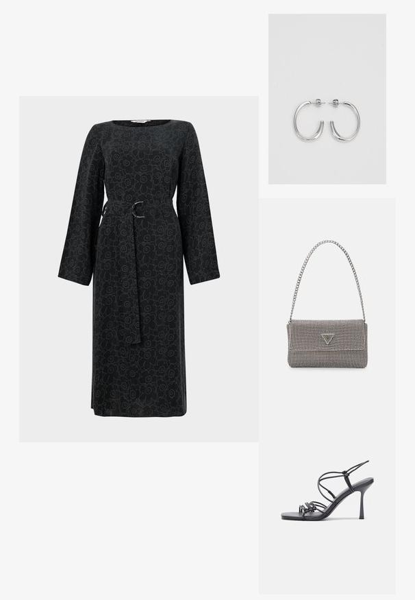 Crna haljina dugih rukava s cvjetnim uzorkom u svjetlijoj nijansi, s povezanom strukom i kvadratnim izrezom. Napravljena od lagane tkanine.; Crne sandale na visokoj potpetici imaju tanke trake s čvorastim dizajnom, glatki kvadratni vrh i elegantnu stiletto petu.; Svijetlosivi metalik ruksač s lancem, ukrašen malim okruglim metalnim zakovicama i trokutastim logotipom marke.; Srebro naušnice u obliku prstena s glatkom, sjajnom završnom obradom. Zaobljenog oblika, laganog dizajna, s kopčom na poleđini.