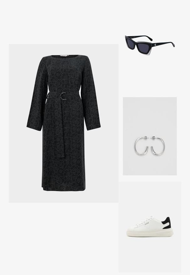 Musta pitkähihaista mekkoa, jossa on kukkakuosi vaaleammassa sävyssä, vyötärölle sidottu ja neliönmuotoinen kaula-aukko. Valmistettu kevyestä kankaasta.; Valkoiset nahkakengät paksulla valkoisella pohjalla, mustalla mokkanahkaosuudella kannassa ja kohokuvioitu logo sivulla. Nauhakeskitys kuudella reiällä.; Mustat ylisuuret aurinkolasit, joissa on geometrinen muoto, tummat linssit ja kehykseen erottuva harmaa yksityiskohta. Logo varressa.; Hopehopeet hopehopeet hopehopeet hopehopeet, jolla on sileä, kiiltävä pinta. Pyöreä muoto, kevyt rakenne, jossa on neulakiinnitys.