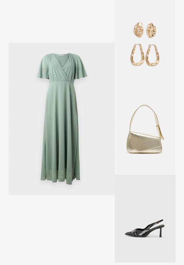 Μάξι φόρεμα σε ανοιχτό πράσινο χρώμα, κατασκευασμένο από ελαφρύ ύφασμα. Διαθέτει V λαιμόκοψη, κοντά φτερά μανίκια και ρευστή σιλουέτα.; Μαύρο παπούτσι slingback από πατέντο δέρμα με μυτερή μύτη, λουράκια στον αστράγαλο που διαθέτουν ασημένιες αγκράφες και μεταλλικά στοιχεία, και λεπτό τακούνι.; Χρυσή μεταλλική τσάντα χειρός με δομημένο σχέδιο, λεία υφή και ρυθμιζόμενο λουρί. Διαθέτει μοναδικό τριγωνικό σχήμα και μινιμαλιστική ραφή.; Χρυσά σκουλαρίκια με υφή, κυματιστά σχήματα. Περιλαμβάνουν γλυπτικά κλιπ-σε σκουλαρίκια και σχέδιο ανοιχτού σκουλαρικιού με σφυρήλατη επιφάνεια.
