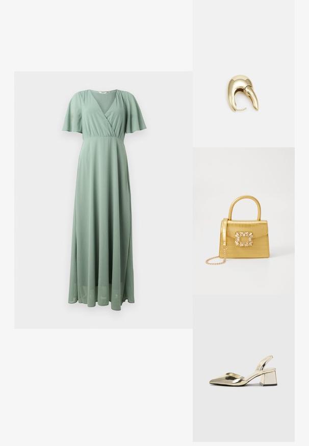 Maxiklänning i ljusgrön, tillverkad av lätt tyg. Har en v-ringning, korta volangärmar och en flödande silhuett.; Guld, metalliska slingback-klackar med spetsig tå och chunky klack. Slät textur, minimalistisk design och en smal rem.; Gul faux-krokodilhandväska med en strukturerad design, topphandtag, avtagbar kedjesladd och dekorativa kristalldekorationer på klämman.; Örhänge i guldtonad metall med en elegant, böjd design. Har en distinkt spetsig form, polerad yta och gångjärnslås.