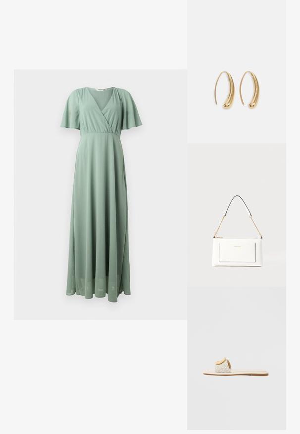 Rochie maxi de culoare verde deschis, realizată dintr-un material ușor. Dispune de un decolteu în formă de V, mâneci scurte și o siluetă fluidă.; Șlapi cu o curea bej cu model geometric, un accent rotund galben pe partea superioară și o talpă plată, deschisă la culoare.; Geantă de mână din piele albă cu un finisaj texturat, având o curea din lanț aurie și accente negre. Include un buzunar frontal și închidere cu fermoar.; Cercei din metal auriu, cu un design curbat și alungit. Au o suprafață netedă și strălucitoare, cu un vârf rotunjit pentru un detaliu suplimentar.