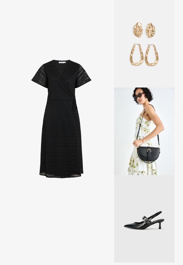 Robe noire enveloppante à manches courtes avec des détails en dentelle complexe, présentant un lien sur le côté et un ourlet fluide, adaptée à diverses occasions.; Escarpins slingback en cuir verni noir avec un bout pointu et un petit talon bloc, mettant en avant un accent en boucle argentée sur la sangle.; Sac à main en cuir noir avec une forme courbée, bandoulière amovible et des accessoires en or. Le sac est doté d'un rabat avec un détail de boucle.; Boucles d'oreilles dorées présentant des formes texturées et ondulées. Comprend des clips sculpturaux et un design de créoles ouvertes avec une finition martelée.
