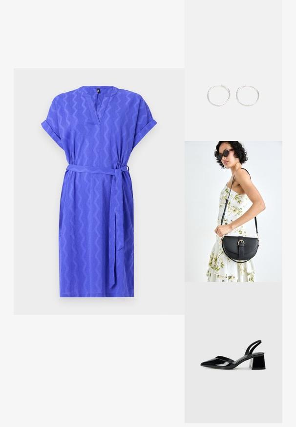 Trumpas rankovės, iki kelių siekiantis suknelė ryškiai purpurinės spalvos, su zigzagų raštais, v-kaklu ir atitinkamu diržu liemens zonoje. Tekstūruotas audinys.; Juodos lakuotos odinės šlepetės su smailiu pirštu ir geometriniu bloko kulnu. Turi elegantišką, minimalistinį dizainą ir lygų paviršių.; Juodas odinis krepšys su išlenkta forma, nuimamu dirželiu ir auksiniais detalėmis. Krepšys turi kilpą su sagtimi.; Sidabrinės auskarai žiedai su sėslia, apvalia forma, pasižymintys lygia paviršiumi ir be matomų puošmenų. Svoris nenurodytas.