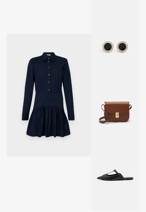 Tmavě modré šaty košilového střihu s knoflíkovým zapínáním, dlouhými rukávy, přiléhavým pasem a rozšířenou sukní se nařasenými detaily na lemu.; Černé kožené slingback boty se špičatou špičkou, s tkaným akcentem a plisovaným designem svršku. Plochá podešev s minimálním kovovým zapínáním.; Hnědá kožená kabelka s klopou, zlatými kovovými detaily, ramenním popruhem a hladkým povrchem. Kompaktní obdélníkový tvar.; DKNY INLAY STUD - Náušnice - black/gold-coloured