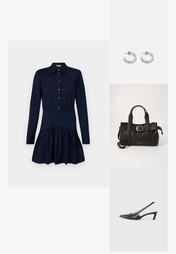 Granatowa sukienka koszulowa z przodem na guziki, długimi rękawami, dopasowaną talią oraz rozszerzonym dołem z marszczeniami przy krawędzi.; Czarny but na obcasie typu slingback z ostro zakończonym noskiem, z niskim obcasem, wykonany z gładkiej skóry, z wycięciem po boku dla lepszej wentylacji.; Czarna skórzana torebka o zorganizowanej konstrukcji, z podwójnymi uchwytami u góry, akcentem w postaci złotego zapięcia oraz wytłoczonym logo marki z przodu.; Srebrne kolczyki w formie kółek, z gładką powierzchnią i rzędem małych przezroczystych kamieni wzdłuż dolnej krawędzi, z zapięciem na sztyft.