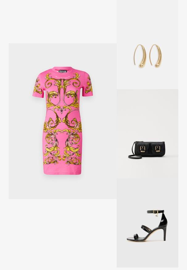 Kjole med korte ermer i lys rosa stoff med intrikate gule og svarte dekorative blomstermønstre. Den har rund utringning og tettsittende fasong.; Svart lakk lær sandaler med tre stropper, ankelspenne og 10 cm stiletthæler. Har gullfarge detaljer og logoanheng.; Svart skinn crossbody veske med to frontlommer, gyldne spenner, glidelåslukking og en slank stropp. Teksturert overflate og kompakt rektangulær form.; Gullfargede metalløredobber med en buet, forlenget form. Har en jevn, blank overflate og en avrundet tupp for ekstra detaljer.