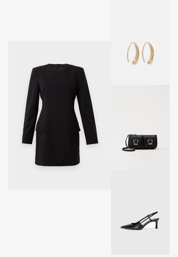 Svart långärmad klänning med rundad halsringning, två framfickor och en slimmad passform, tillverkad av ett slätt tyg med minimal detaljer.; Svart lackskin slingback-häl med spetsig tå, med texturerad ormskinnsprint, justerbar rem och en kort, texturerad blockklack.; Svart läderaxelväska med två framfickor, guldspännen, dragkedjestängning och en smal rem. Texturerad yta och kompakt rektangulär form.; Guldtonade metallörhängen i en kurvad, avlång form. Har en slät, glänsande yta och en rundad spets för en extra detalj.