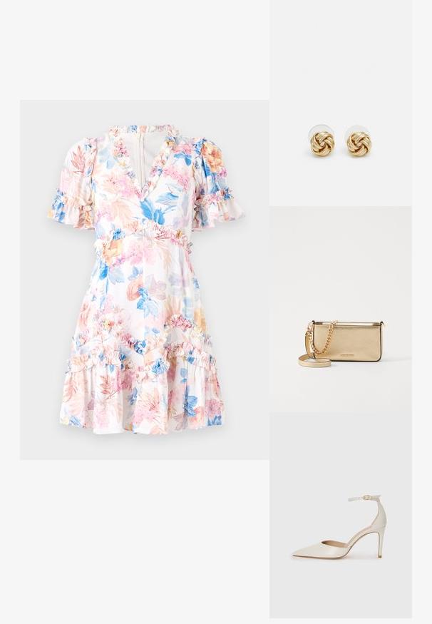 Rochie florală cu baza albă, având flori roz, albastre și galbene. Accente volanate la mâneci și tiv, decolteu în V și talie ajustată.; Pantofii înalți din piele albă, cu vârf ascuțit, curea la gleznă și toc subțire de tip stiletto. Textură netedă cu un finisaj subtil lucios.; Clutch din piele aurie metalizată, cu un finisaj texturat, având o curea din lanț aurie și o curea pentru umăr detașabilă. Logo-ul brandului embosat.; Cercei cu tija aurie, cu un design răsucit. Fiecare cercel are un fundal circular transparent pentru o purtare sigură.