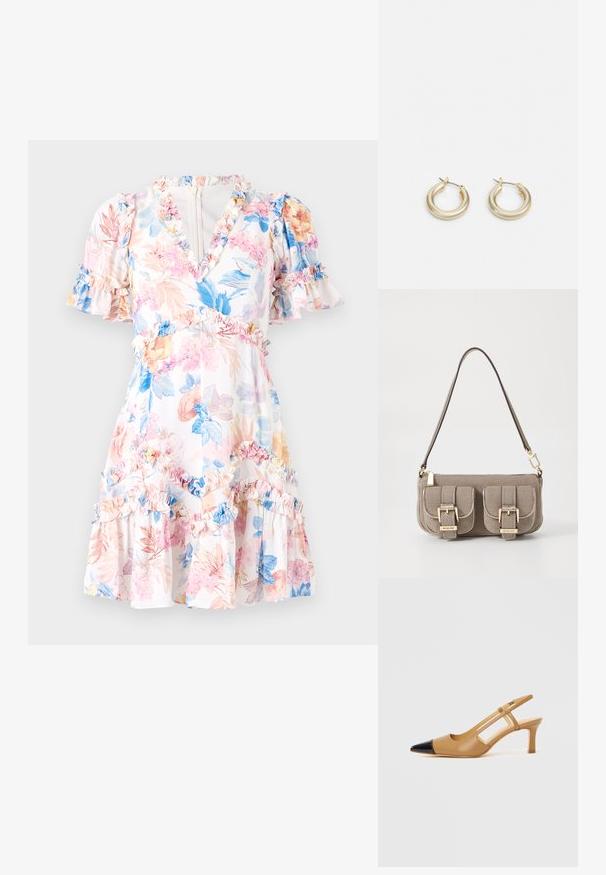 Květinové šaty s bílým základem, zdobené růžovými, modrými a žlutými květy. Řasení na rukávech a spodním okraji, výstřih do V a přiléhavý pas.; Tato lodičky na podpatku s páskem kolem paty mají tan barvu a černou špičku se zaoblením, boční výřezy a blokový podpatek střední výšky. Vyrobeny z hladké kůže.; Béžová texturovaná kabelka s nastavitelným popruhem, dvěma předními kapsami uzamčenými sponami a zlatými akcenty. Uzavření na zip nahoře.; Lauren Ralph Lauren BASIC SMALL HOOP - Náušnice - gold-coloured