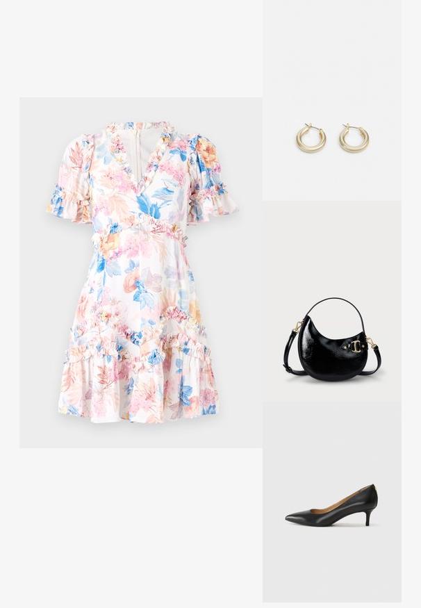 Blomsterkjole med hvit bakgrunn, prydet med rosa, blå og gule blomster. Volanger ved ermer og hem, v-utringning, og en tettsittende midje.; Sorte lærpumpe med spiss tå, lav hæl og en glatt tekstur. Har en liten åpning foran og minimalt med beslag bak.; Svart patentlærveske med buet form, justerbar stropp og detalj i gulltone på siden. Glatt, blank tekstur.; Lauren Ralph Lauren BASIC SMALL HOOP - Øredobber - gold-coloured