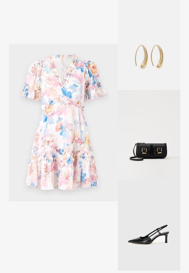 Gėlių suknelė su balta baze, dekoruota rožinėmis, mėlynomis ir geltonomis gėlėmis. Su šoninėmis raukinėmis ant rankovių ir apačios, V formos iškirpte ir prigludusia liemenėle.; Juodai lakuoti slingback aukštakulniai su smailiu nosiu, su tekstūruotu gyvatės raštu, reguliuojama juosta ir trumpu, tekstūruotu blokiniu kulnu.; Juodas odinis per petį nešiojamas krepšys su dviem priekiniais kišenėmis, auksiniais sagtimis, užtrauktuko uždarymu ir siauromis petnešomis. Textūruota paviršius ir kompaktiškas stačiakampis formatas.; Auksinės metalinės auskarų kabės su lenktą, pailgą forma. Turi lygų, blizgantį paviršių ir užapvalintą galiuką papildomam akcentui.