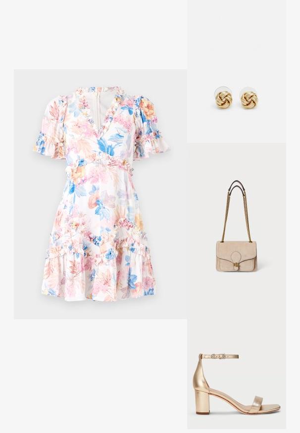 Blumenkleid mit weißem Grund, verziert mit pinken, blauen und gelben Blumen. Rüschendetails an den Ärmeln und dem Saum, V-Ausschnitt und taillierte Passform.; Lauren Ralph Lauren LOGAN METALLIC NAPPA LEATHER SANDAL - Riemensandalette - platinum; Beige Wildleder-Handtasche mit goldenen Kettenriemen, strukturiertem rechteckigen Format, gestickten Details und einem goldenen Logo-Akzent auf der Vorderseite.; Goldfarbene Ohrstecker mit Knoten in gedrehter Ausführung. Jeder Ohrstecker verfügt über eine runde, transparente Rückseite für sicheren Halt.