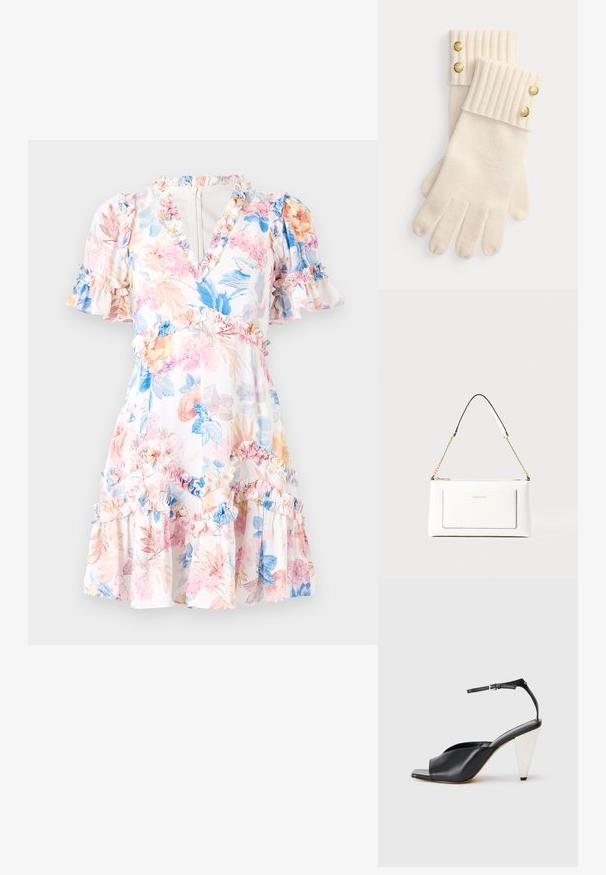 Lille lille lillega taimne kleit, millel on valge põhjas, millel on roosa, sinise ja kollase õieillustratsioonid. Narmastega aksendid varrukatel ja allääril, V-kaelus ja liibuv vöökoht.; Must mustril kõrge kontsaga sandaalid avatud varbaga, asümmeetrilise disainiga, pahkluukeevikuga ja metallilise koonusja kontsaga. Ühtlane tekstuur üle kogu.; Valge nahast kott tekstureeritud viimistlusega, millel on kuldne kettling ja mustad aktsendid. Include eesmine tasku ja tõmblukk.; Kreemivärvi villased kindad ribitud mansettidega, mille ülemistel äärtes on kaks dekoratiivset kuldset nuppu. Pehme tekstuur ning sõrmeavad.