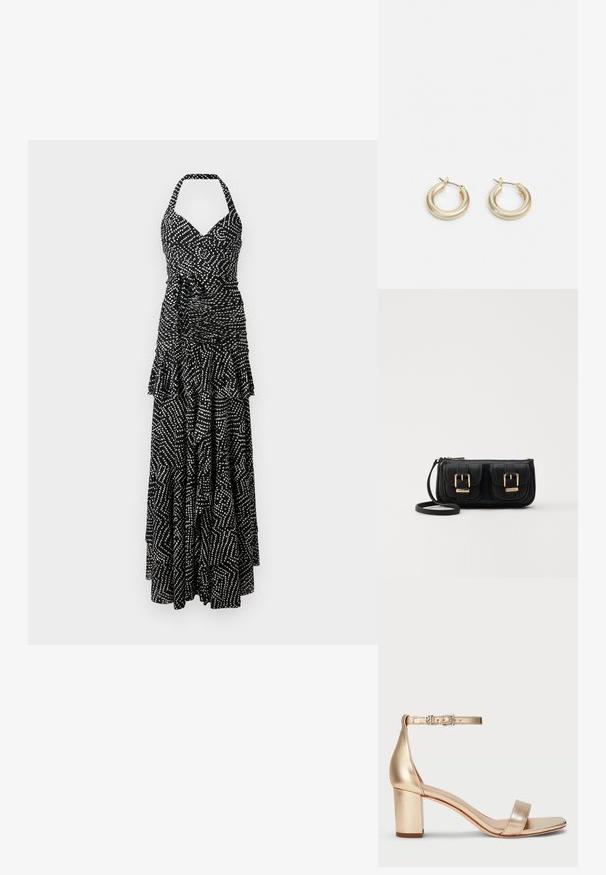 Fekete-fehér, nyakpántos maxi ruha, ráncos felsőrésszel, réteges fodros szegéllyel és geometrikus pöttyös és vonalas mintával.; Lauren Ralph Lauren LOGAN METALLIC NAPPA LEATHER SANDAL - Szandálok - platinum; Fekete bőr keresztbody táska két elülső zsebbel, arany csattokkal, cipzáras záródással és vékony pánttal. Textúrált felület és kompakt téglalap alak.; Lauren Ralph Lauren BASIC SMALL HOOP - Fülbevalók - gold-coloured