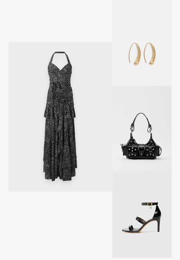 Fekete-fehér, nyakpántos maxi ruha, ráncos felsőrésszel, réteges fodros szegéllyel és geometrikus pöttyös és vonalas mintával.; Fekete lakk bőr szandál három pánttal, bokapánttal és 10 cm magasságú tűsarokkal. Arany színű részletekkel és logó charm-mal rendelkezik.; Fekete bőr kézitáska ívelt designnal, ezüst szegecsekkel, csattal és két oldalsó zsebbel. Állítható vállpánt a hordozási lehetőségekhez.; Aranyszínű fémből készült karika fülbevalók ívelt, hosszúkás formával. Simaságával és fényes felületével, valamint lekerekített végével további részletekkel bővül.