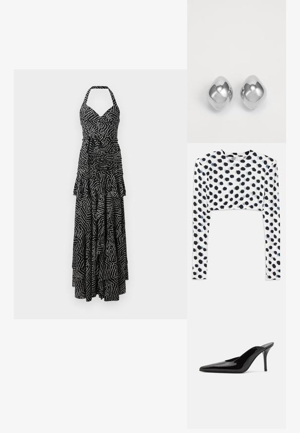 Črno-bela maxi obleka s halterskim izrezom, gubanjem na telesu, slojevitim robom z naborki in geometrijskim vzorcem pik in črt.; Kratka dolga majica z dolgimi rokavi iz raztegljive bele tkanine, ki ima črn pikast vzorec, gladko teksturo in okroglo ovratnik.; Črne patentirane čevlje s peto, z usko silhueto in koničastim nosom, z odprtim hrbtom in vitko stiletto peto.; Srebrne kovinske uhane z gladko, okroglo obliko, ki imajo poliran zaključek in odbojno površino. Minimalističen dizajn brez okrasnih elementov.